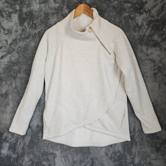Athleta Sweaters - Athleta Size M Cozy Karma Asym Mock Neck Pullover Sweatshirt Ivory Zip Pockets